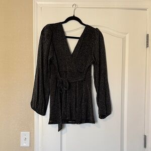 Sparkle Wrap Long-Sleeve Dress - Black